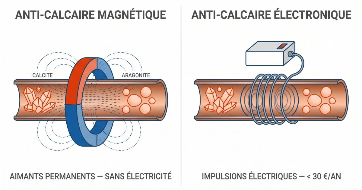 Infographie avec fonctionnement système anti calcaire magnetique VS electronique.