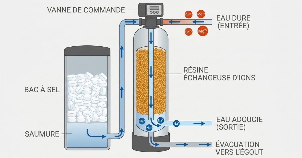 Infographie expliquant le fonctionnement de la regénération de la résine d'un adoucisseur d'eau grâce au sel.