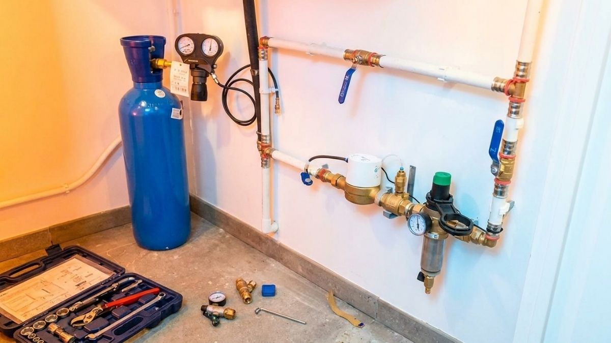 Adoucisseur d'eau au CO2 raccordé aux canalisations dans une cave.