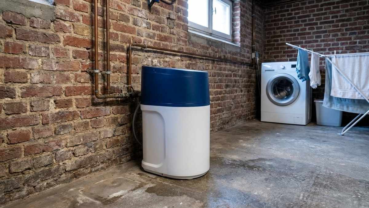 Adoucisseur d'eau design installé dans une cave d'une maison avec des murs en brique.