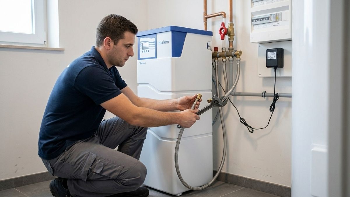 Installateur en train de brancher un adoucisseur durlem aux canalisation d'une buanderie.