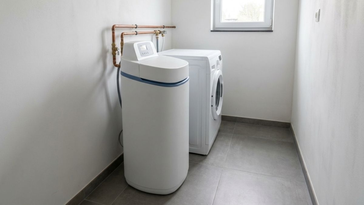 Adoucisseur type BWT installé dans une buanderie à côté d'une machine à laver.