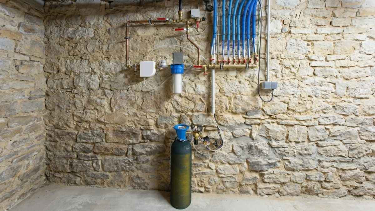 Adoucisseur au CO2 installé dans une cave avec mur en pierres et bonbonne de CO2 posée au sol.