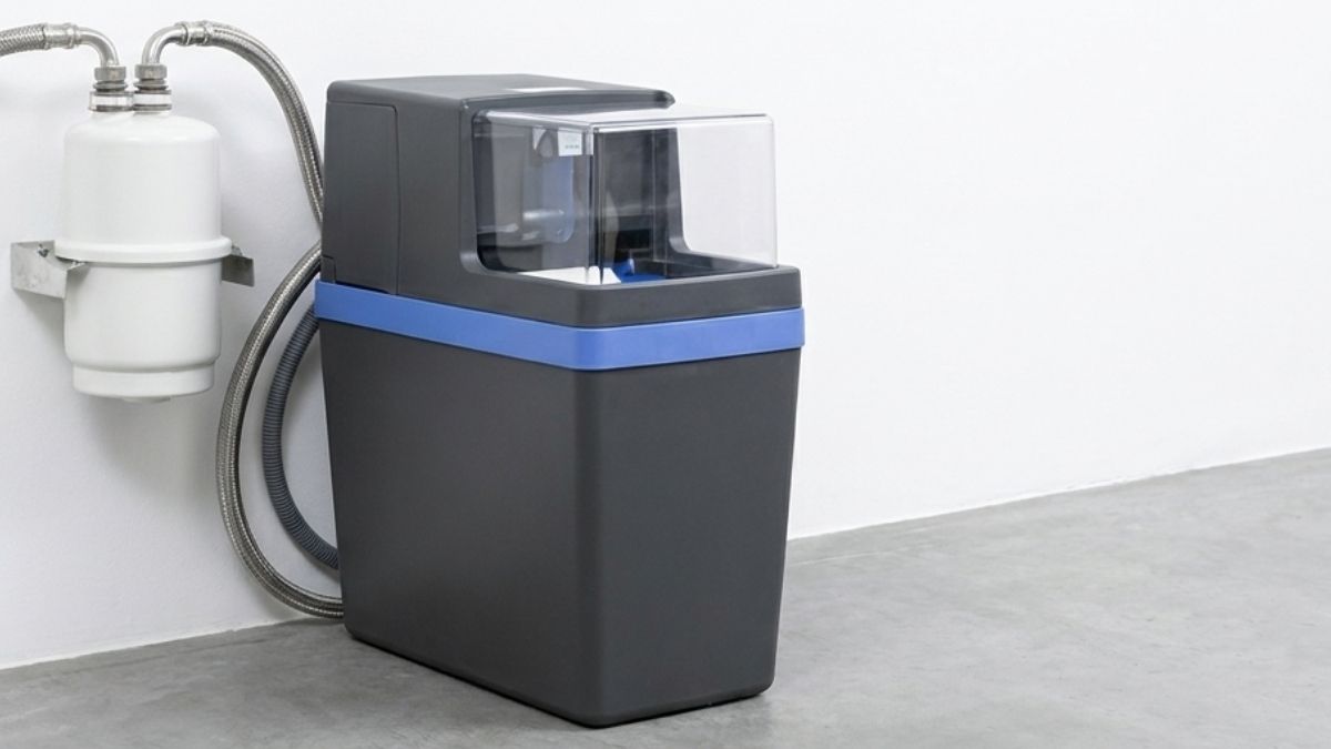 Adoucisseur d'eau au sel avec cuve compact noire et ligne bleue type Hydro@home installé au sol.