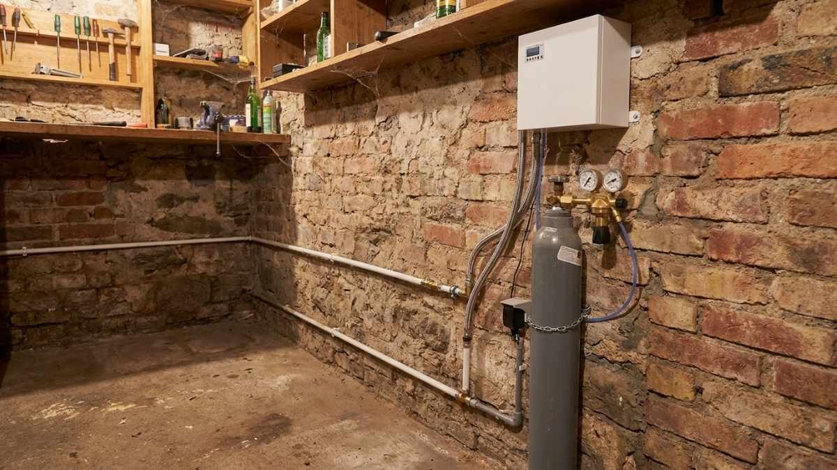 adoucisseur type hydrokube installé dans une cave avec murs en briques.