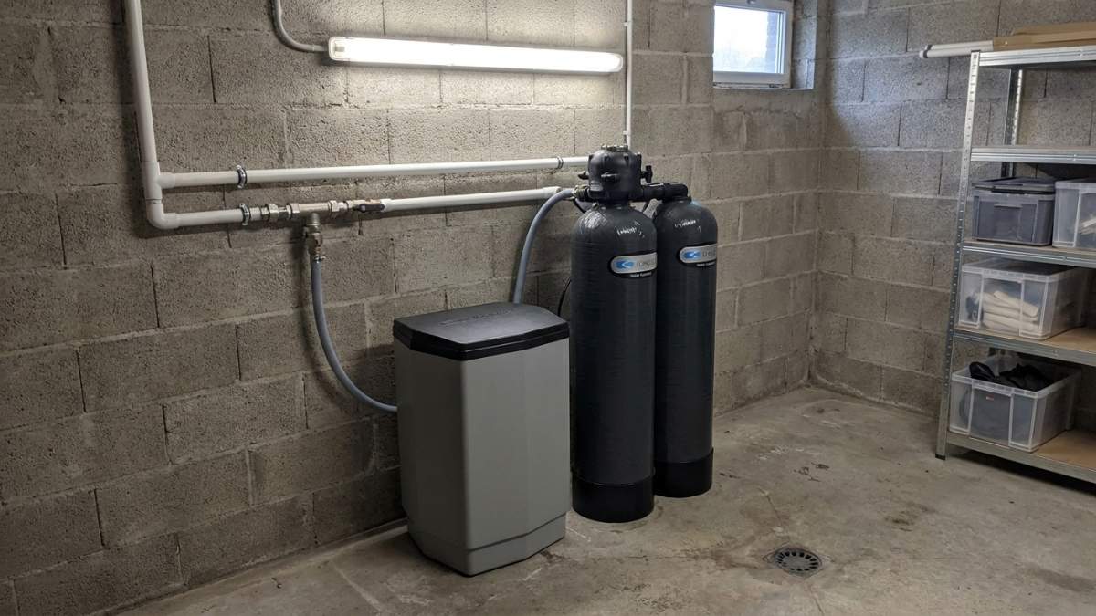 Adoucisseur Kinetico avec double cylindre et cuve à sel installé dans un garage et connecté aux canalisations d'une maison.