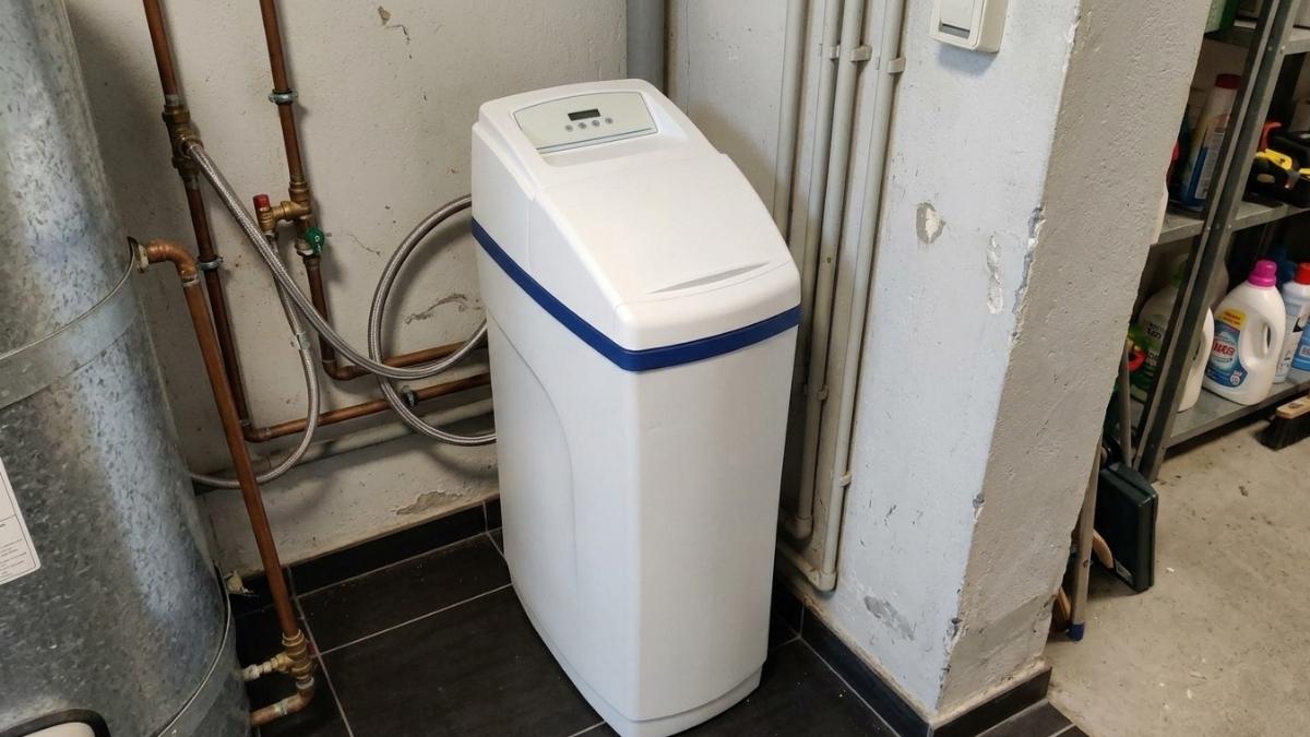 Adoucisseur d'eau blanc avec bac à sel intégré, raccordé et installé dans une buanderie.