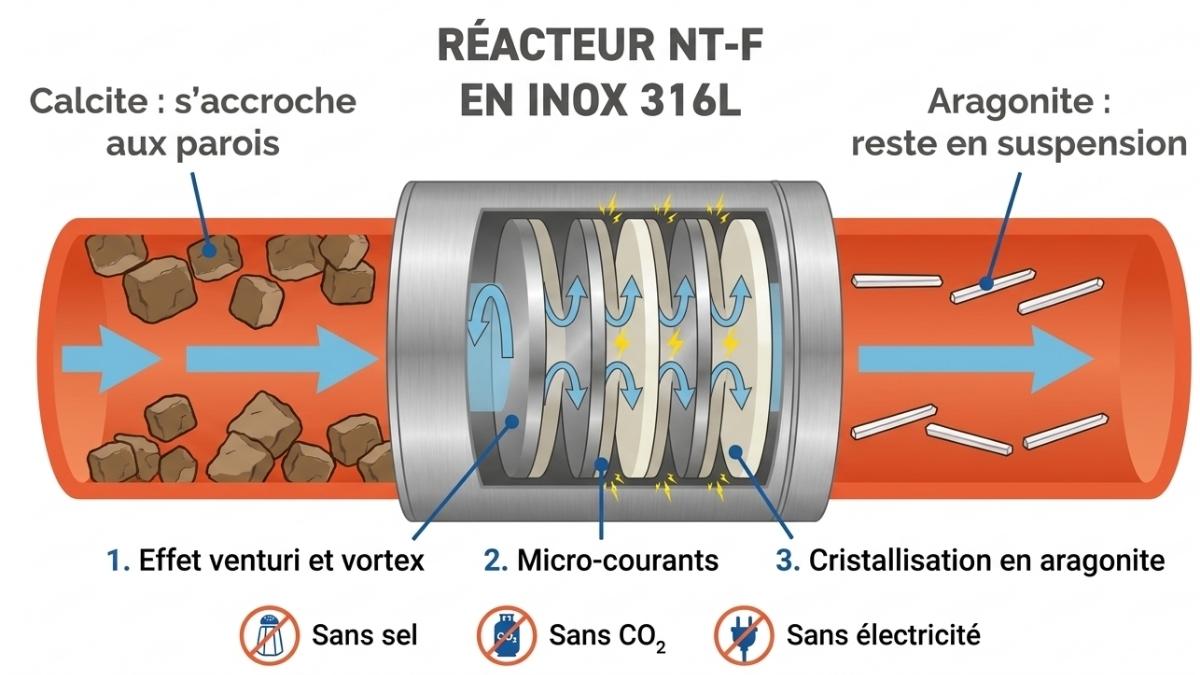 Schéma expliquant le système anti calcaire nt-f (transformation crisrtaux de calcite en cristaux d'aragonite).