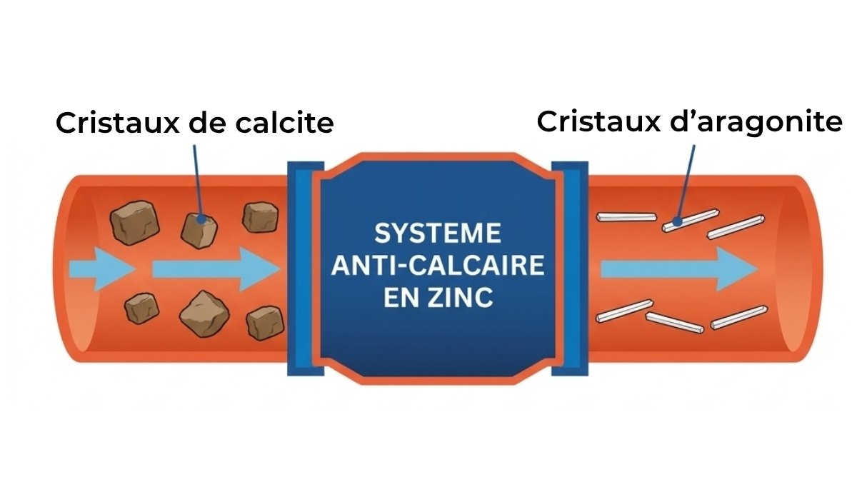 Schéma reprenant le fonctionnement d'un système anti-calcaire en zinc (transformation des cristaux de calcite en cristaux d'argonite).