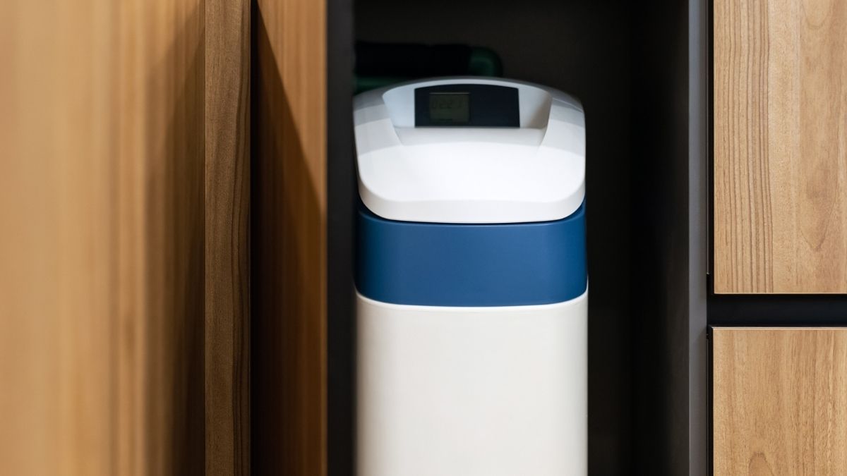 Adoucisseur d'eau compact sous un évier dans la cuisine d'un appartement.